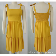 Woven Yellow Smocking Shoulder Straps Dress